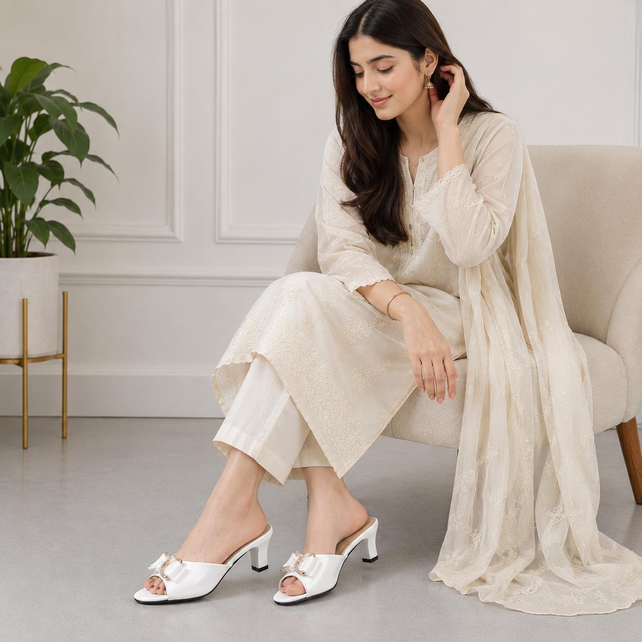 Women’s White Bow Heels - Image 2